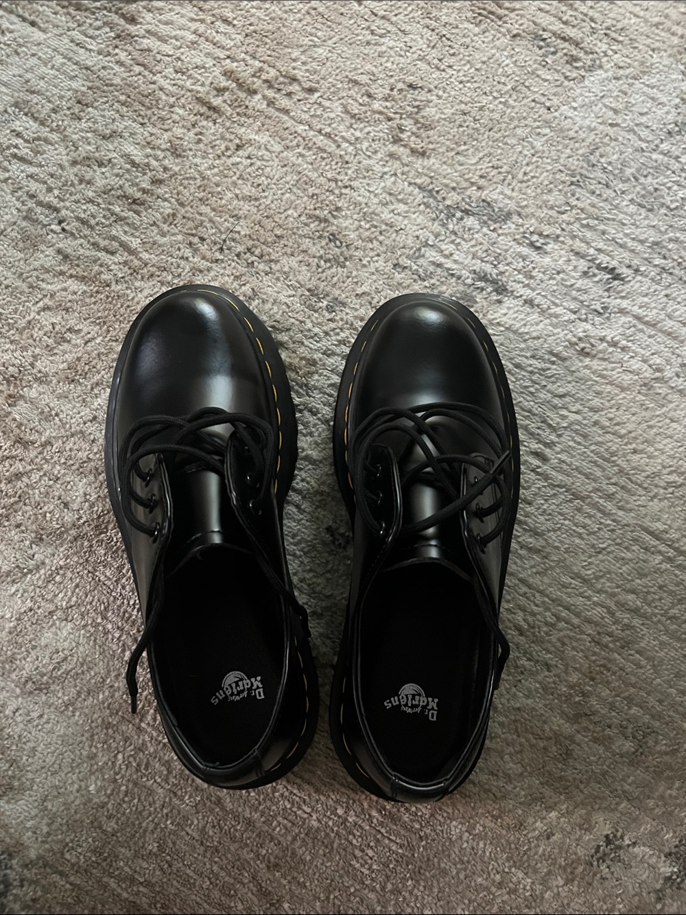 Dr. Martens Black Leather 3-Eye Oxfords with Yellow Stitching